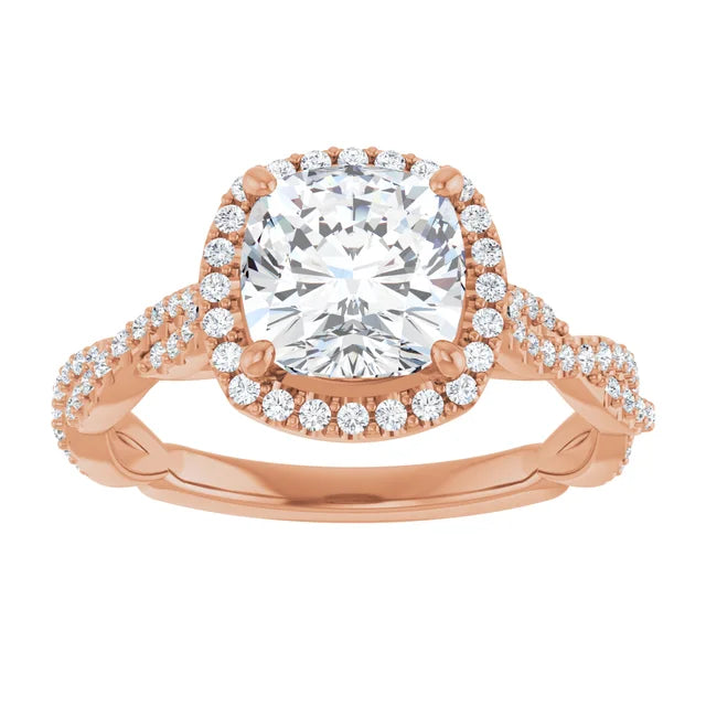 Cushion Rose Gold Halo Twist Pave Moissanite Engagement Ring