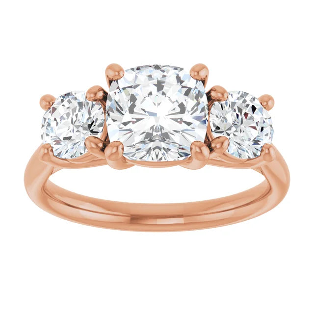 Cushion Rose Gold Tri Stone Moissanite Engagement Ring