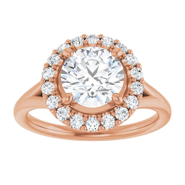 Round Brilliant Rose Gold Halo Solitaire Split Band Moissanite Engagement Ring