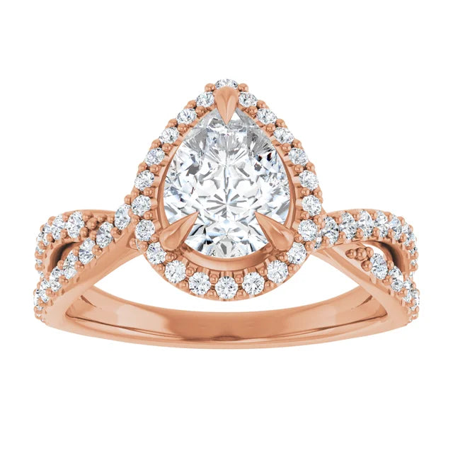 Pear Rose Gold Twist Band Halo Moissanite Engagement Ring