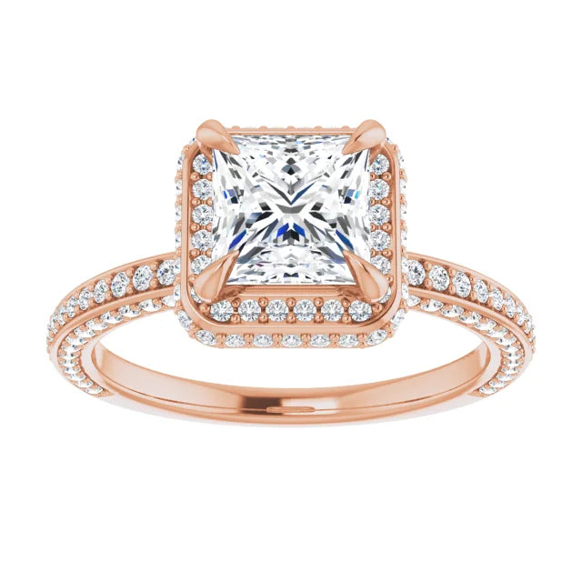 Princess Rose Gold Halo Pave Style Moissanite Engagement Ring