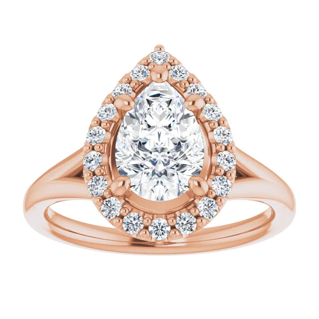 Pear Rose Gold Halo Solitaire Split Band Moissanite Engagement Ring