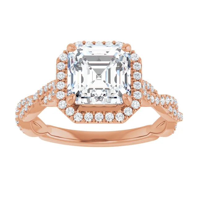 Asscher Rose Gold Halo Twist Pave Moissanite Engagement Ring
