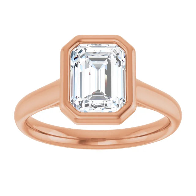 Emerald Rose Gold Solitaire Bezel Moissanite Engagement Ring