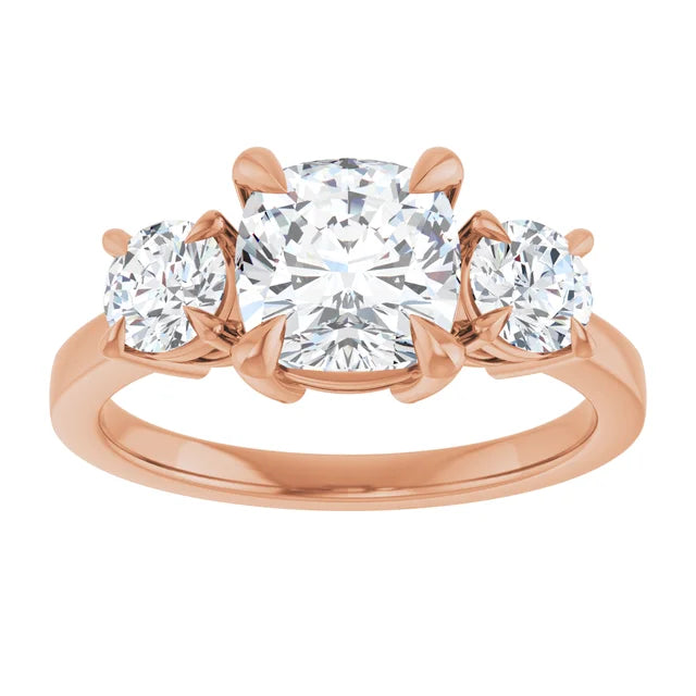 Cushion Rose Gold Tri Stone Moissanite Engagement Ring