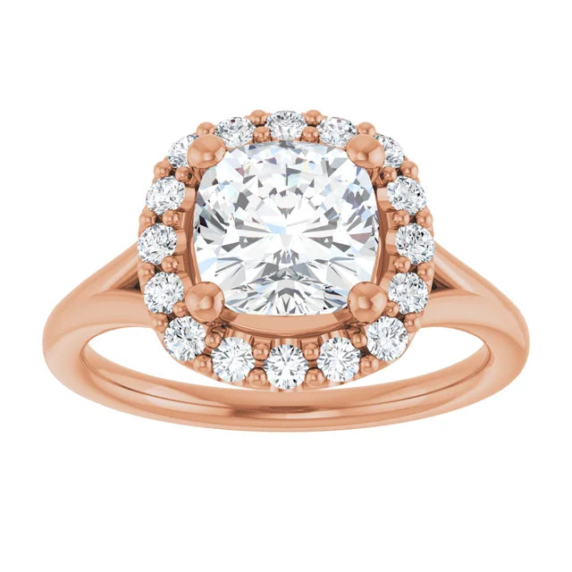 Cushion Rose Gold Halo Solitaire Split Band Moissanite Engagement