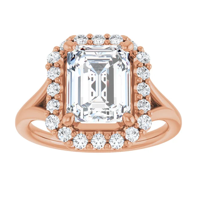 Emerald Rose Gold Halo Solitaire Split Band Moissanite Engagement