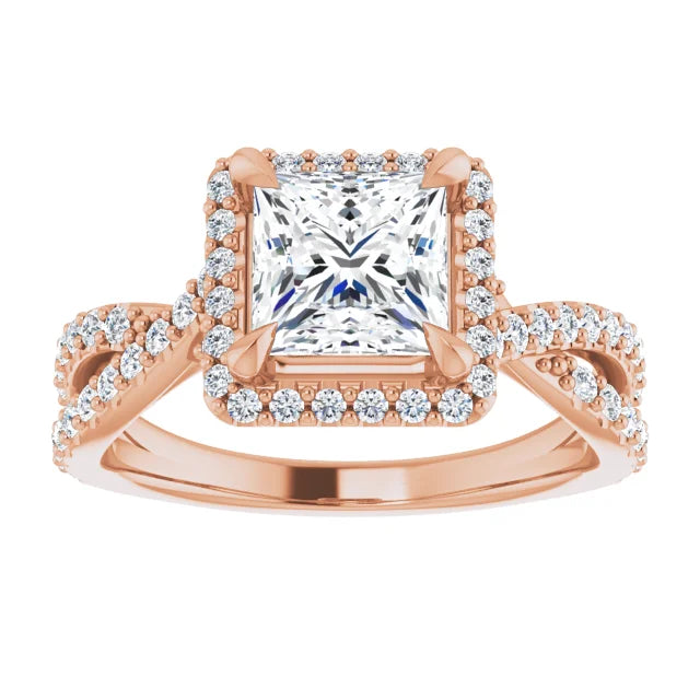 Princess Yellow Gold Twist Band Halo Moissanite Engagement Ring