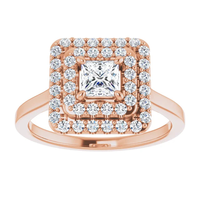 Princess Rose Gold Double Halo Solitaire Moissanite Engagement Ring