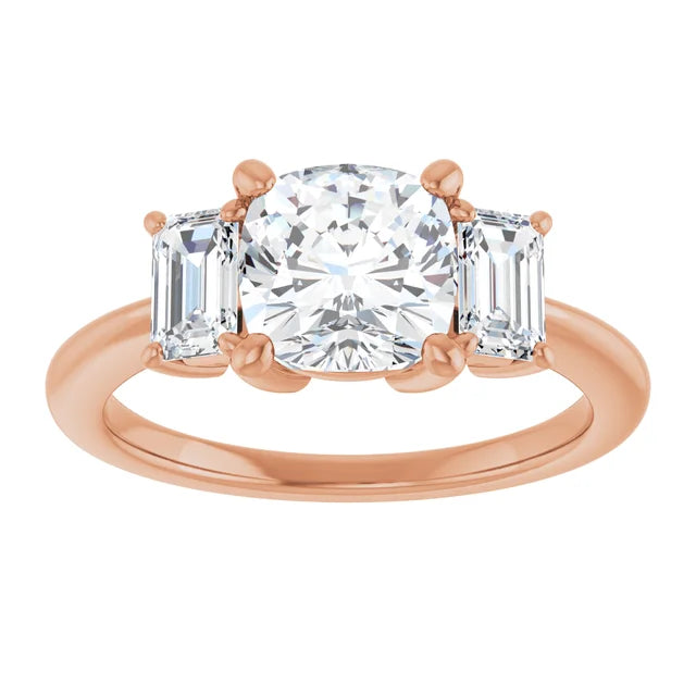 Cushion Rose Gold Tri Stone Moissanite Engagement Ring