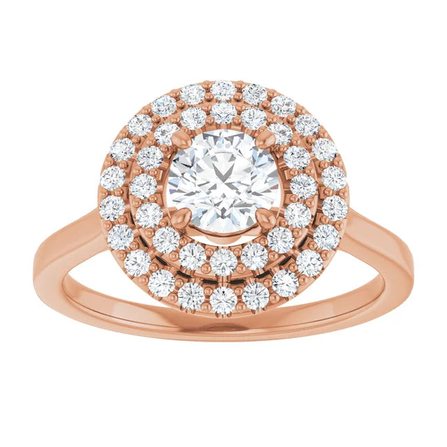 Round Brilliant Rose Gold Double Halo Solitaire Moissanite Engagement Ring