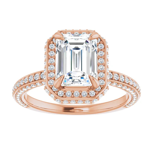Emerald Rose Gold Halo Pave Style Moissanite Engagement Ring