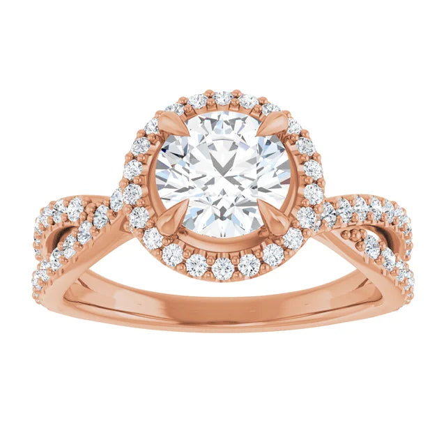 Round Brilliant Rose Gold Twist Band Halo Moissanite Engagement Ring