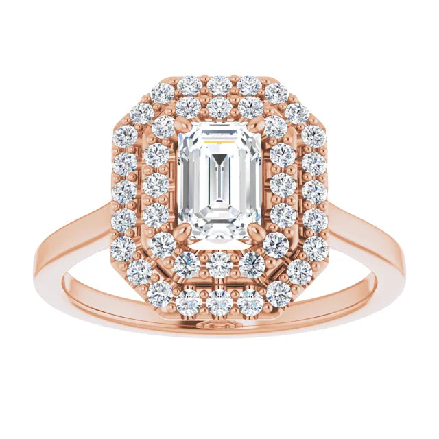 Emerald Rose Gold Double Halo Solitaire Moissanite Engagement Ring