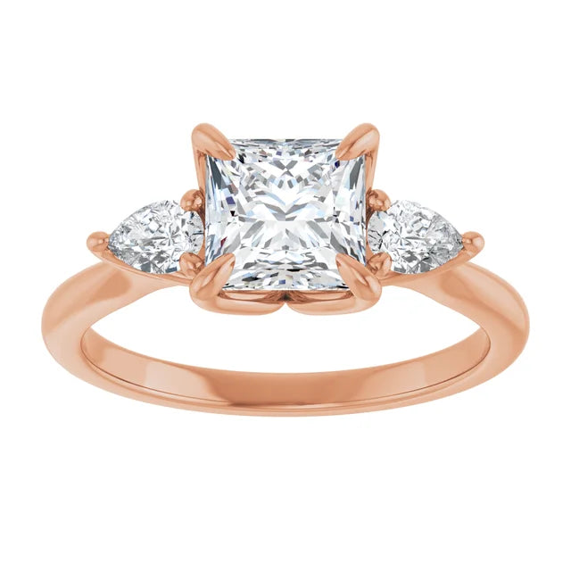 Princess Tri -Stone Style Pear Accent Engagement Ring