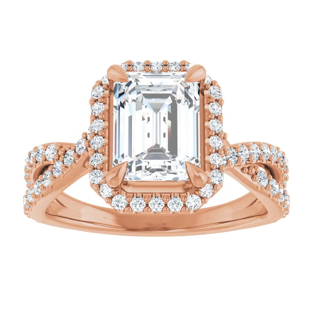 Emerald Rose Gold Twist Band Halo Moissanite Engagement Ring
