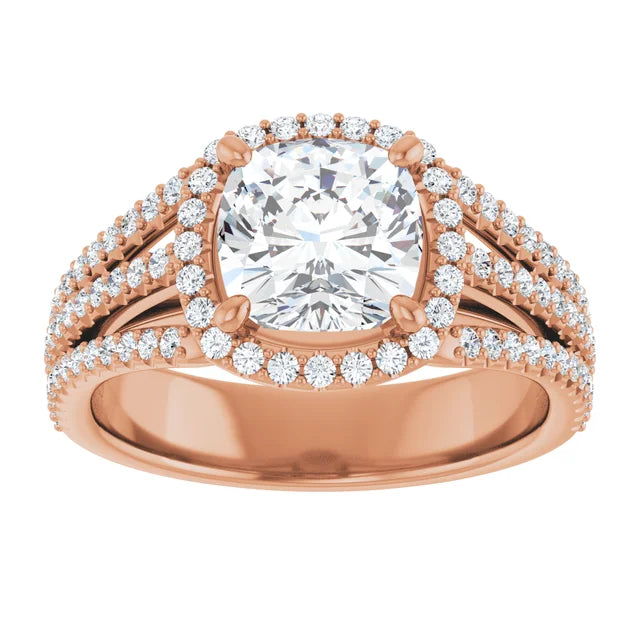 Cushion Rose Gold Halo Split Pave Moissanite Engagement Ring