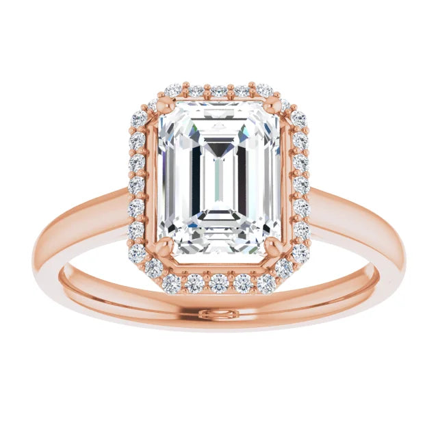 Emerald Halo Solitaire Moissanite Engagement Ring Rose Gold