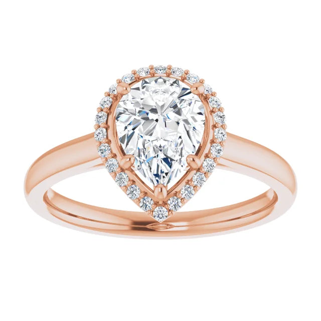 Rose Gold Pear Halo Solitaire Engagement Ring. Moissanite