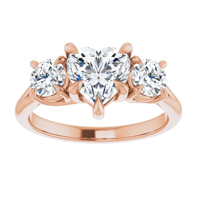 Heart Rose Gold Tri Stone Moissanite Engagement Ring