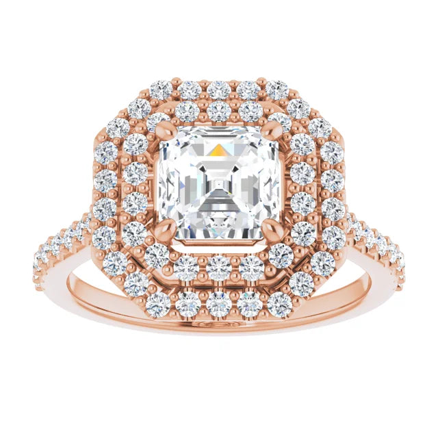 Asscher Double Halo Rose Gold Moissanite Engagement Ring