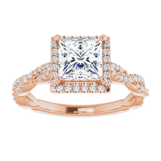 Princess Rose Gold Halo Twist Pave Moissanite Engagement Ring