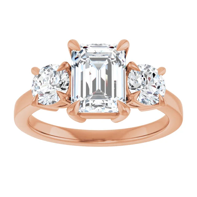 Emerald Rose Gold Tri Stone Moissanite Engagement Ring