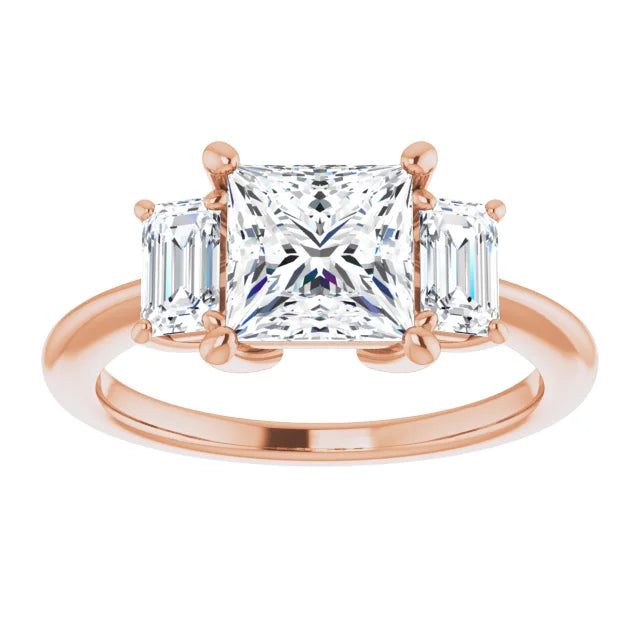 Princess Rose Gold Tri Stone Moissanite Engagement Ring