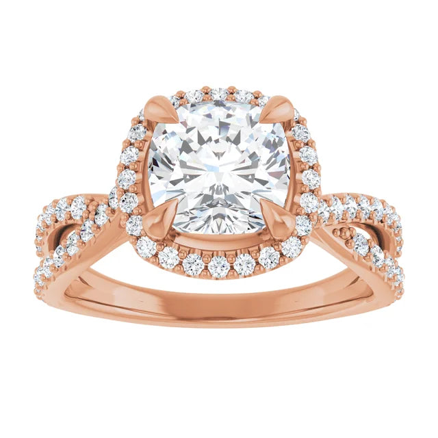 Cushion Rose Gold Twist Band Halo Moissanite Engagement Ring