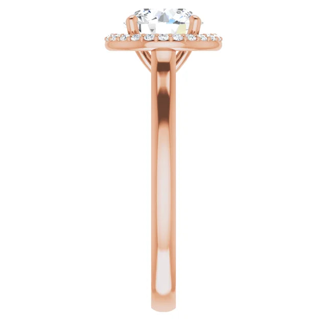 Rose Gold Round Brilliant Halo Solitaire Engagement Ring. Moissanite