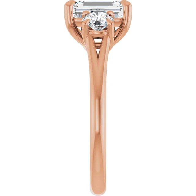 Emerald Rose Gold Tri Stone Moissanite Engagement Ring