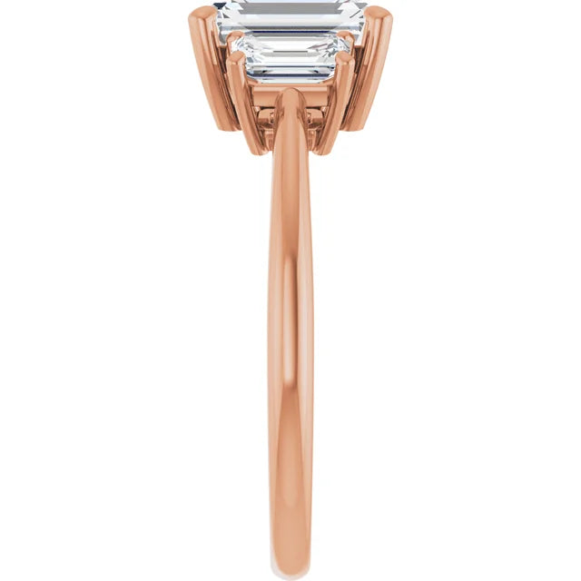 Emerald Rose Gold Tri Stone Moissanite Engagement Ring