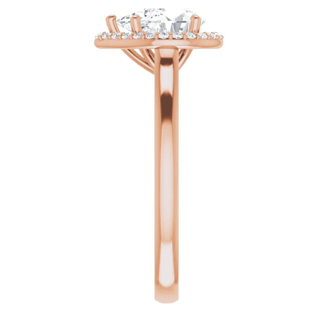 Rose Gold Pear Halo Solitaire Engagement Ring. Moissanite