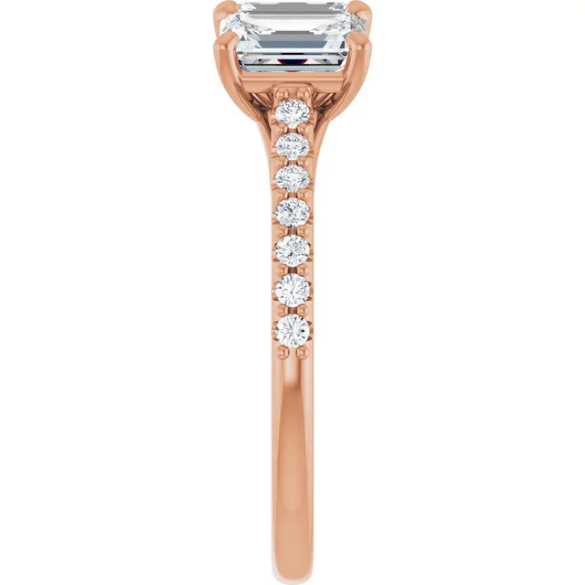 Emerald Rose Gold Tri Stone Moissanite Engagement Ring