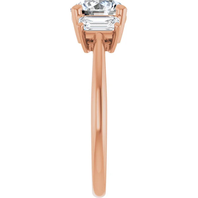Round Brilliant Rose Gold Tri Stone Moissanite Engagement Ring