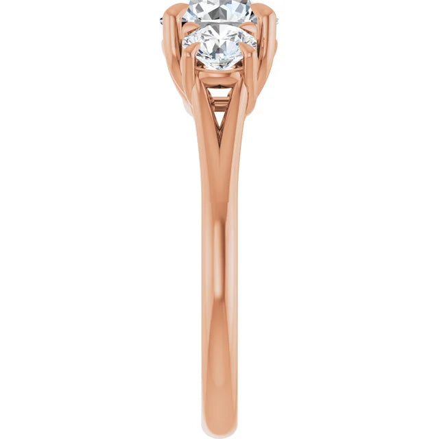 Round Brilliant Rose Gold Tri Stone Moissanite Engagement Ring