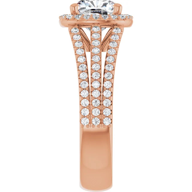 Cushion Rose Gold Halo Split Pave Moissanite Engagement Ring