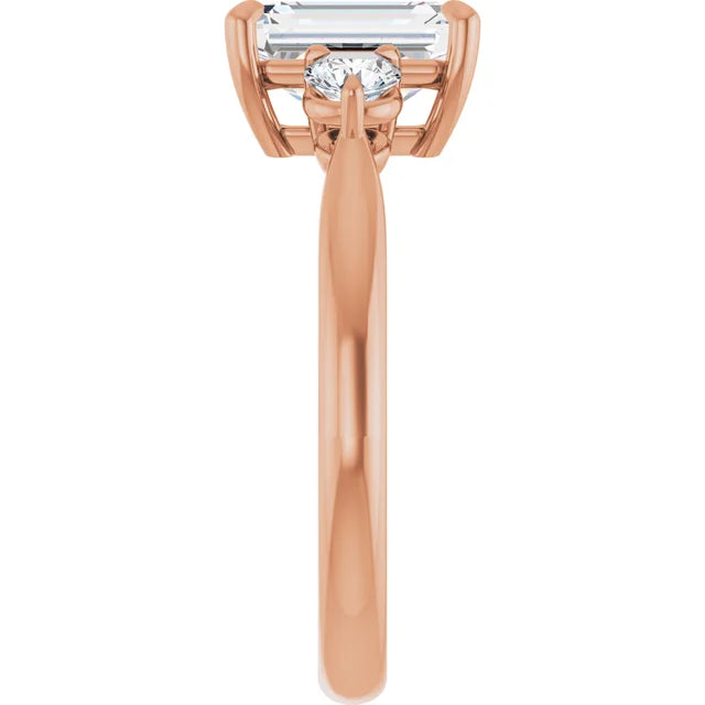 Emerald Rose Gold Tri Stone Moissanite Engagement Ring