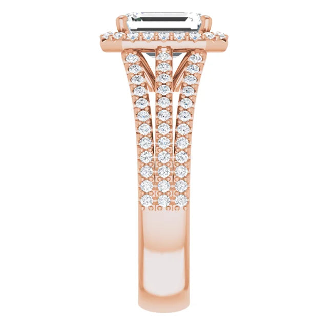 Emerald Rose Gold Halo Split Pave Moissanite Engagement Ring