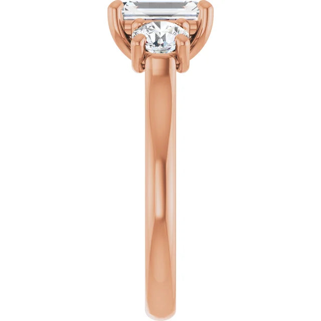 Emerald Rose Gold Tri Stone Moissanite Engagement Ring