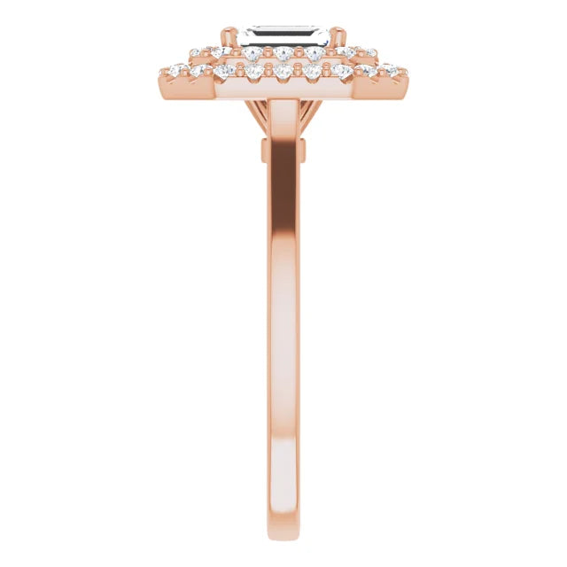 Emerald Rose Gold Double Halo Solitaire Moissanite Engagement Ring