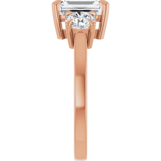 Emerald Rose Gold Tri Stone Moissanite Engagement Ring