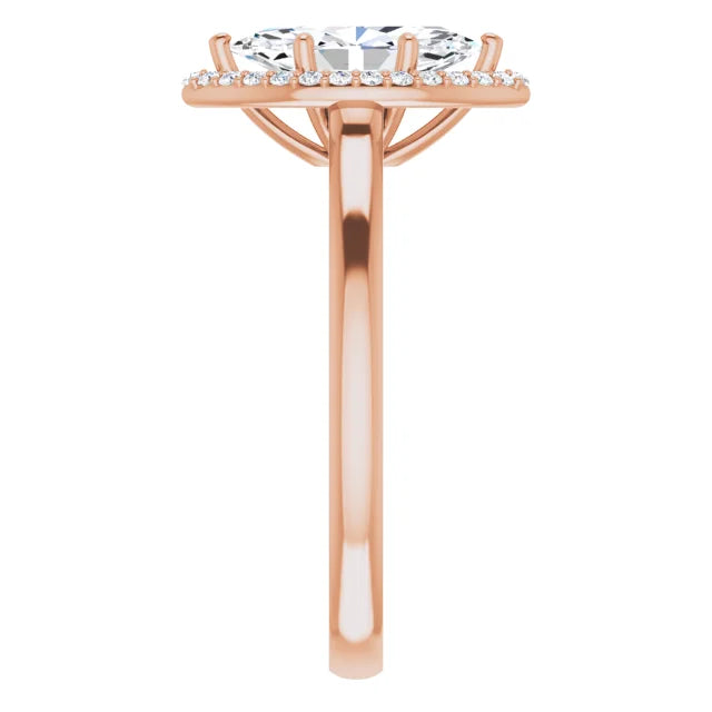 Rose Gold Marquise Halo Solitaire Engagement Ring. Moissanite