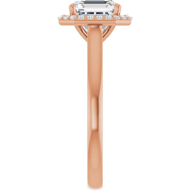 Asscher Halo Solitaire Engagement Ring Rose Gold. Moissanite