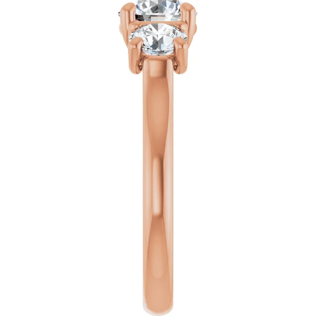 Round Brilliant Rose Gold Tri Stone Moissanite Engagement Ring