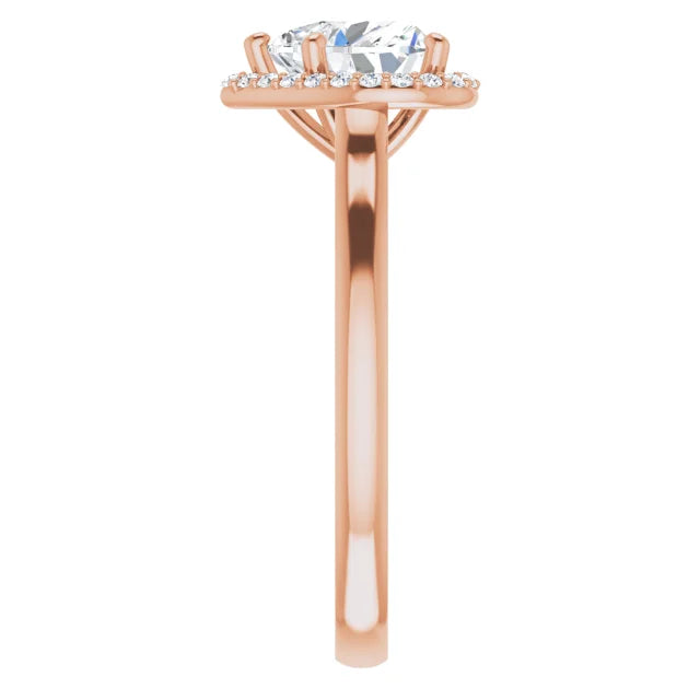 Rose Gold Heart Halo Solitaire Engagement Ring. Moissanite