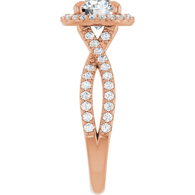 Round Brilliant Rose Gold Twist Band Halo Moissanite Engagement Ring