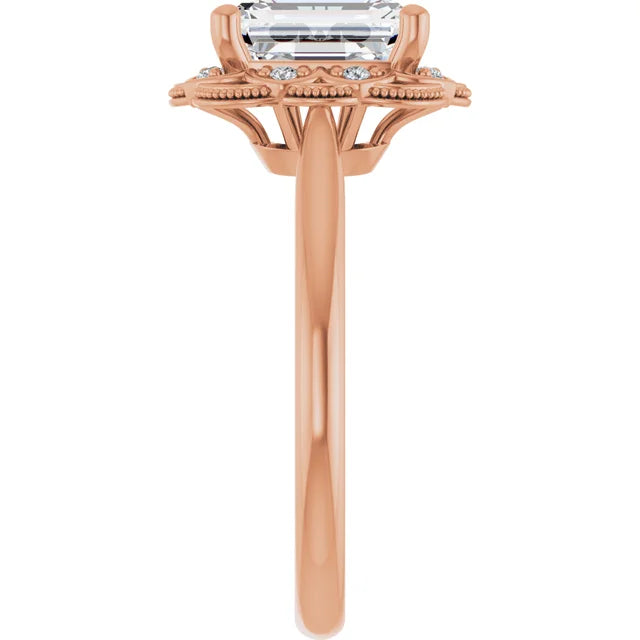 Emerald Rose Gold Halo Moissanite Engagement Ring