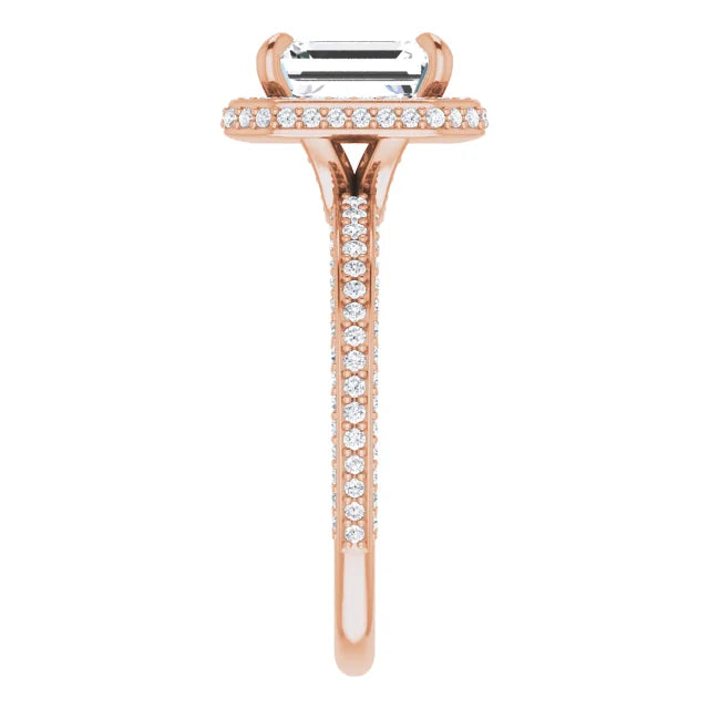 Emerald Rose Gold Halo Pave Style Moissanite Engagement Ring