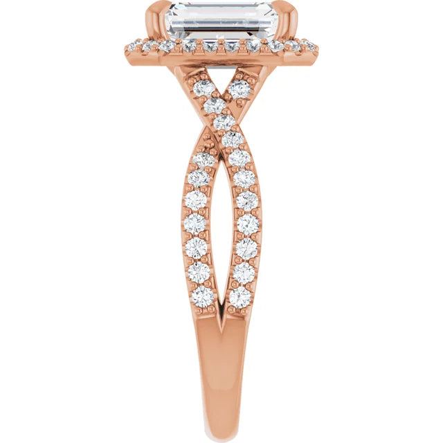 Emerald Rose Gold Twist Band Halo Moissanite Engagement Ring